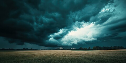 A dark and moody sky with massive storm clouds rolling over an open field
