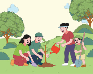 Flat illustration of diverse people planting a tree for World Environment Day. Depicts environmental care, teamwork, and sustainability. Ideal for eco-themed campaigns and educational use.