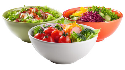  Set of Three Yummy Salad Bowls Isolated on Transparent Background