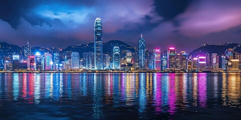 A dazzling city skyline at night, featuring skyscrapers and vibrant reflections on the water