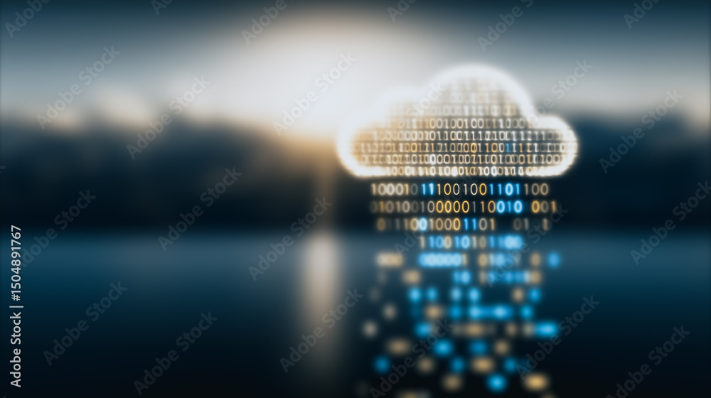 Poster digital cloudscape: a luminous cloud formed from binary code hovers above a calm body of water, symb