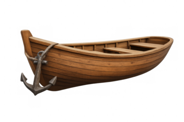 Classic wooden rowboat with attached anchor, isolated on transparent background, ready for maritime adventures