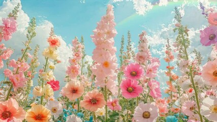 Vibrant flowers in full bloom against a bright sky, captured from a low angle. The video style is dreamy and ethereal, emphasizing nature's beauty. Live desktop wallpaper. - Powered by Adobe