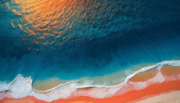 Aerial view of azure ocean meeting a vivid terracotta beach with foamy white waves crashing ashore.