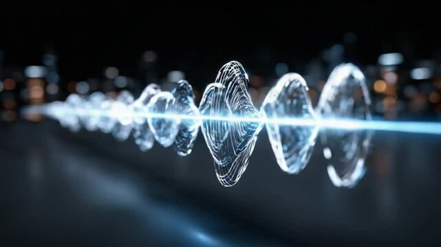 Audio Waveform Symphony: A captivating display of sound waves, rendered in shimmering, ethereal glass, dances against a backdrop of deep black.