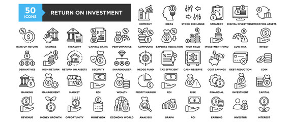 50 Return on Investment icon set. Containing design Company Growth, Investment Ideas, Stock Exchange, Investment Strategy, Digital Investment	