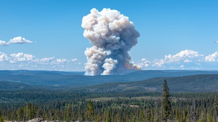Smoke billowing over a forest landscape.