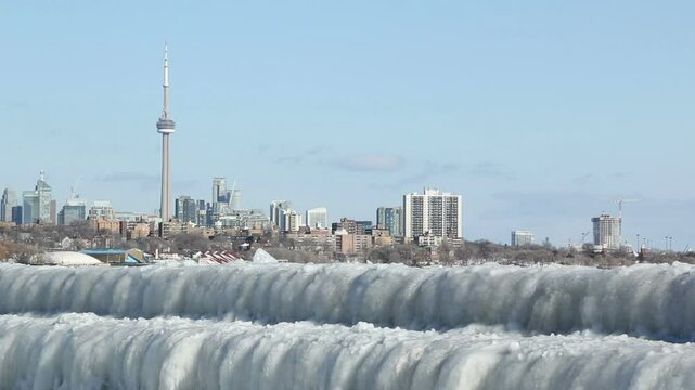 Frozen waves from Lake Ontario on the breakers in west Toronto, Ontario, Canada near the Humber River. 2014.