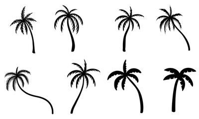 et of drawing palm and coconut tree silhouette illustrations in black colour isolated on white. Tropical, paradise, summer template design concept for print, sticker, clip art, element collection