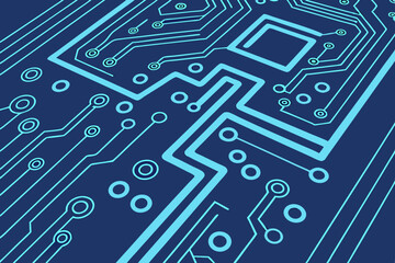 Digital background with glowing blue circuits and abstract vector grid. Includes space in center for titles, branding, or advertising use.

