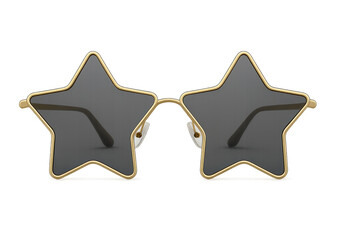 Gold star-shaped sunglasses gleaming against transparent backdrop, embodying trendy eyewear design with chic glamorous aesthetic