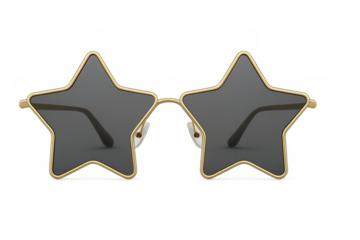 Gold star-shaped sunglasses gleaming against transparent backdrop, embodying trendy eyewear design with chic glamorous aesthetic