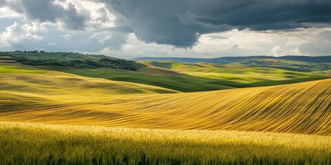 Obraz premium A dramatic landscape of golden wheat fields and soft rolling hills under moody clouds