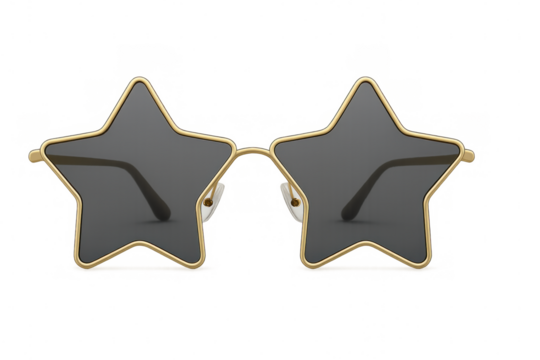 Gold star-shaped sunglasses gleaming against transparent backdrop, embodying trendy eyewear design with chic glamorous aesthetic