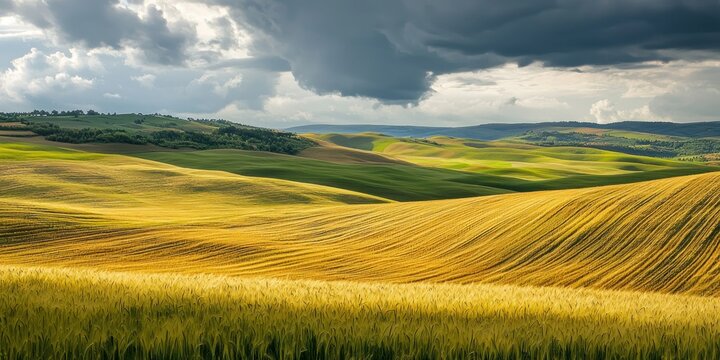 A dramatic landscape of golden wheat fields and soft rolling hills under moody clouds
