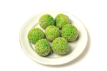 Onde-Onde, Indonesian traditional food, made from glutinous rice flour with beans pasta, wrapped in sesame seeds. isolated on white, good for recipe or commercial