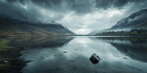 A dramatic, moody lake scene with low-hanging clouds and dark water reflections