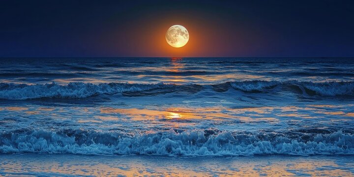 A dramatic moonrise with waves gently rolling under its glow