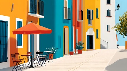 Fototapeta premium Vibrant Mediterranean street scene with colorful buildings and an outdoor cafe