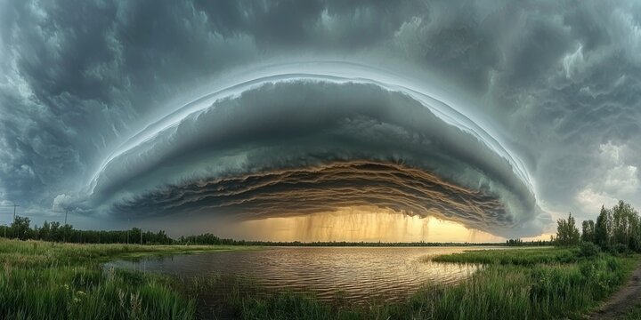 A dramatic storm front rolling over a vast, still lake, creating an otherworldly effect