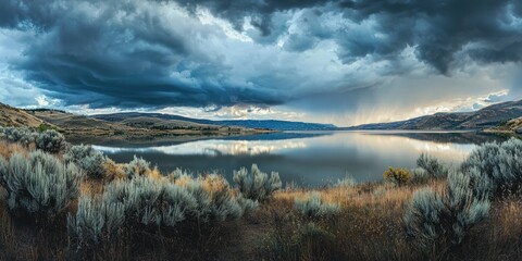Obraz premium A dramatic storm front rolling over a vast, still lake, creating an otherworldly effect