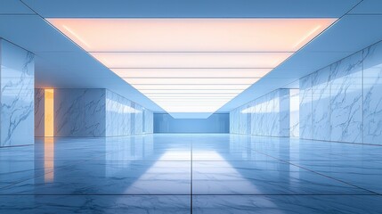 Empty, light-filled, marble hallway