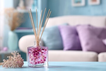 Square glass diffuser with floral accents and reed sticks sits on a light blue table, blurred living room background with pastel cushions