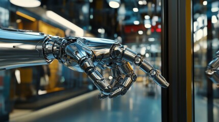 Fototapeta premium Detailed Close-up of Modern Robotic Hand Reaching Towards Glass