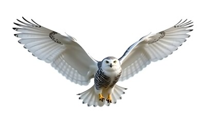 Fototapeta premium An lonely snowy owl in flight against a clear backdrop