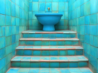 Turquoise tiled stairs with blue basin water feature