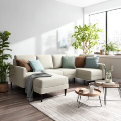 Spacious living room with a sectional sofa, soft color palette, and touches of natural greenery.