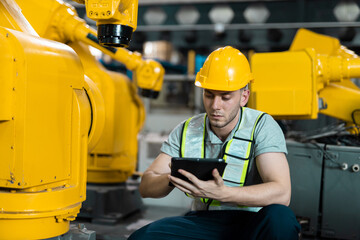 Robotic engineer automatic mechanic checking quality system of automation robot arms machine in factory. Service programming machinery welding robots in production at factory industry.