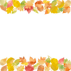 カラフルな可愛い落ち葉で形作ったフレーム。水彩画を使用した秋カラーのイラスト。