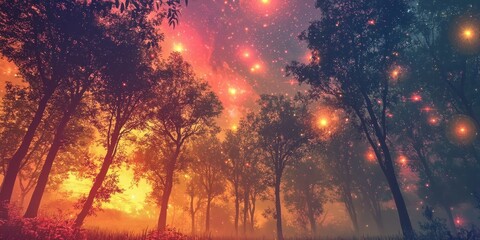 A dreamlike scene of a forest with glowing trees and a sky filled with multiple suns