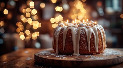 Festive frosted bundt cake with candles, warm bokeh