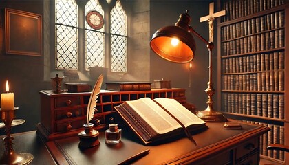 Classic theological study with open Bible and cross
