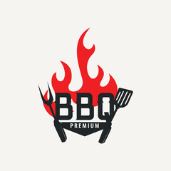 retro vintage concept logo design barbeque bbq grill with simple concept of meat grill, symbol template illustration with fire and spatula design for restaurant brand, bar, cafe, shop