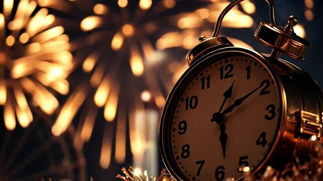 A close-up of a classic alarm clock approaching midnight, surrounded by golden fireworks and festive tinsel, capturing the spirit of celebration and anticipation. Perfect for New Year themes, countdow