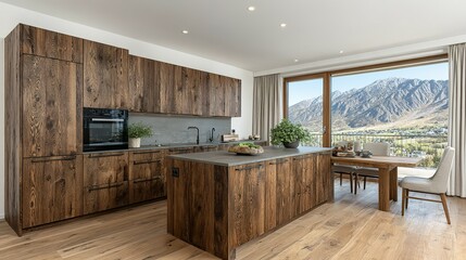 Rustic, wooden kitchen with mountain views.