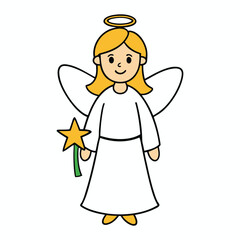 A graceful angel gently holds a shining star, symbolizing hope and peace, watching over the Christmas nativity with love and heavenly light.
