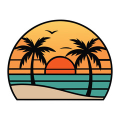 A stunning beach sunset with vibrant hues paints the sky as palm tree silhouettes sway gently, framing the serene view over calm ocean waves.
