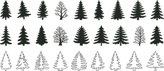 Fototapeta premium Christmas pine tree silhouette and outline vector collection for holiday decorations winter themes and natural design illustrations& Illustration