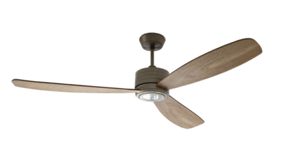 ceiling fan with wooden blades and light, isolated PNG