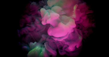 Cloud splash. Neon ink. Pink green fume puff explosion swirl blending color in art liquid. Black frame abstract defocused background.