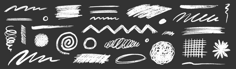 Crayon chalk scribble effect texture pastel stroke element set. Hand drawn crayon pencil brush stroke texture line shape on black background. Chalk scratch hand drawn style. Vector illustration