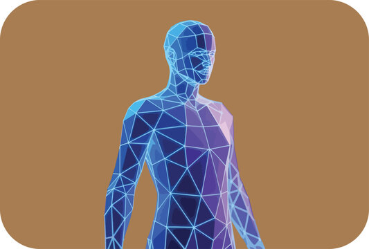 Abstract low poly human figure in blue and purple hues on brown background