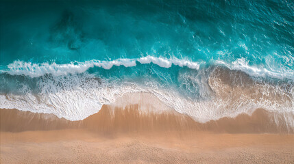 Top-down perspective of beautiful beach where shimmering turquoise sea meets light sandy shore under summer sky