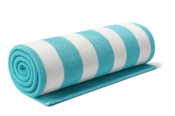 Rolled turquoise-white striped beach towel, soft fabric contrast, clean transparent backdrop highlighting summer relaxation accessory