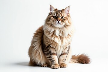 Obraz premium Fluffy British Shorthair cat sits alone against white background, fluffy, purr