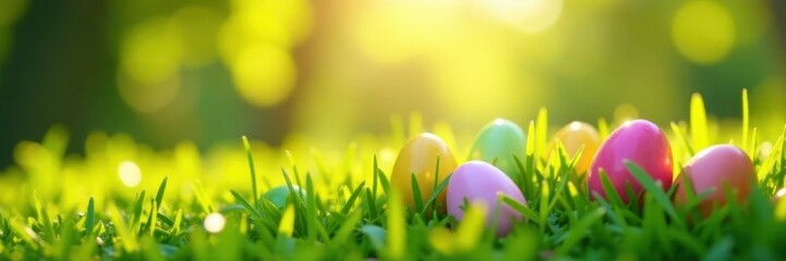 Hidden Easter eggs amongst sunlit blades of grass, sunny day , day, sunny